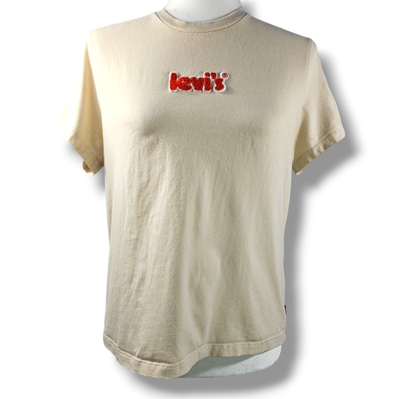 EUC Levi's Classic Brand Logo Patch Graphic Cotton T-Shirt Sz. M Light Tan - Picture 2 of 11